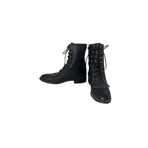 VTG Justin Womens Western Leather Roper Diamond Biker Blue Lace Up Boots Sz 6.5B